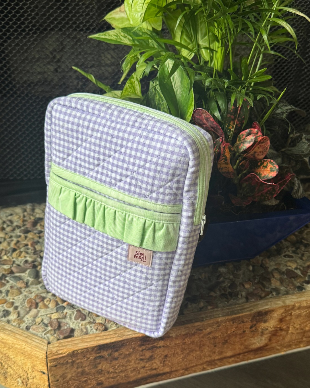 Lavender Gingham Dream Book Sleeve With Ruffled Pocket