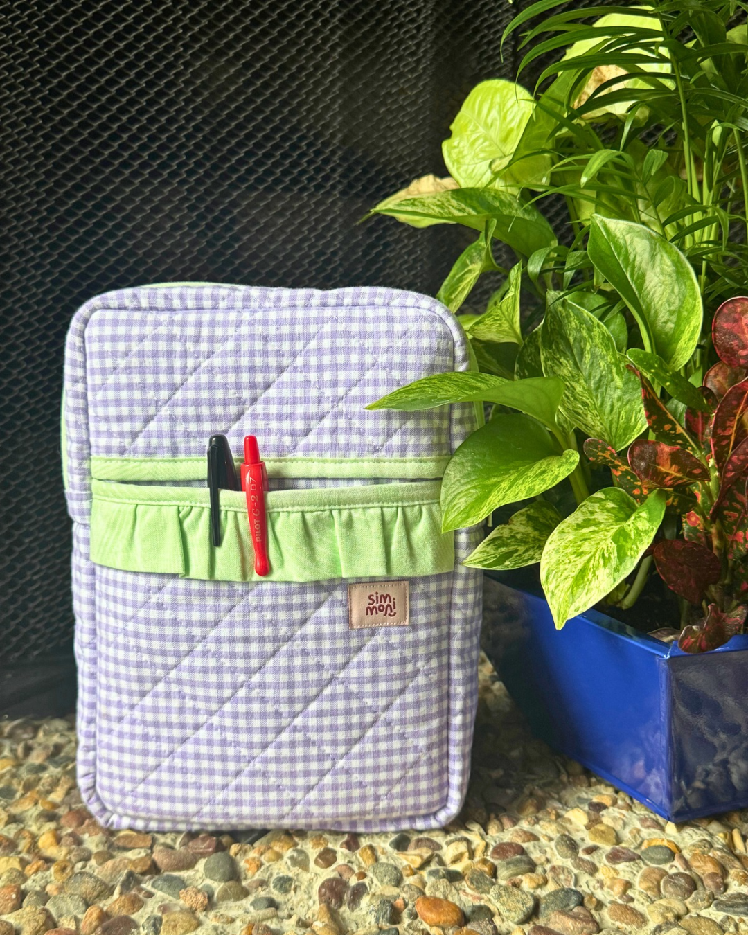 Lavender Gingham Dream Book Sleeve With Ruffled Pocket
