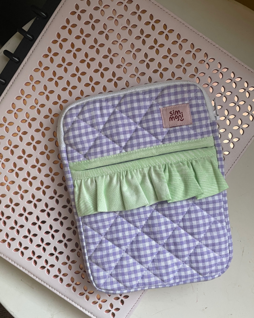 Lavender Gingham Dream eReader Sleeve With Ruffled Pocket