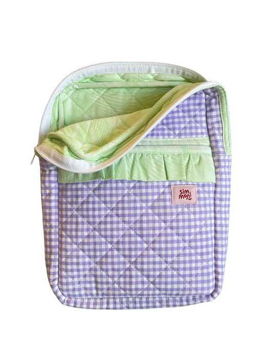 Lavender Gingham Dream Book Sleeve With Ruffled Pocket