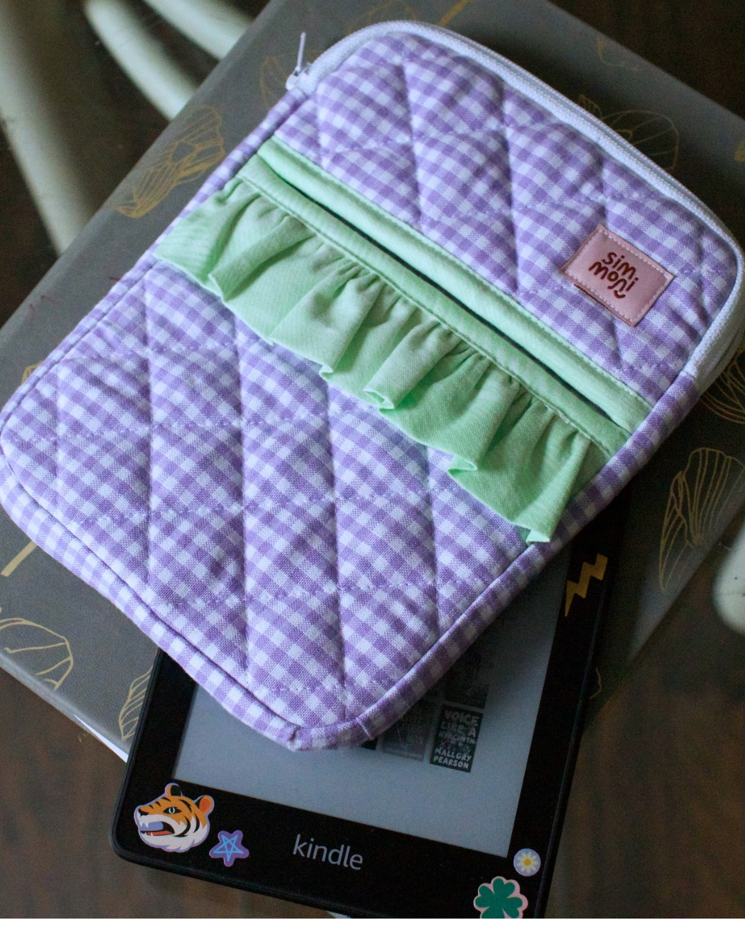 Lavender Gingham Dream eReader Sleeve With Ruffled Pocket