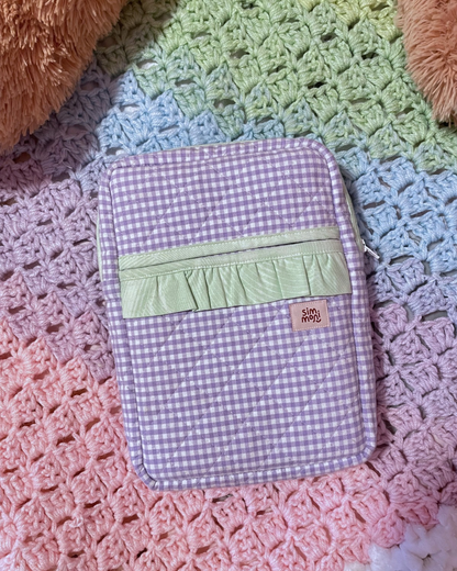 Lavender Gingham Dream Book Sleeve With Ruffled Pocket