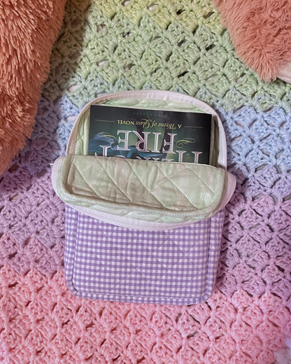 Lavender Gingham Dream Book Sleeve With Ruffled Pocket
