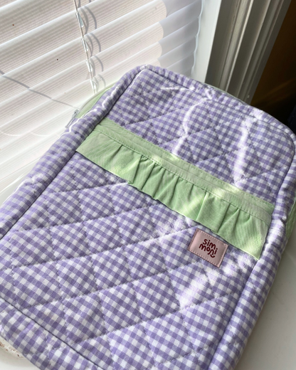 Lavender Gingham Dream Book Sleeve With Ruffled Pocket