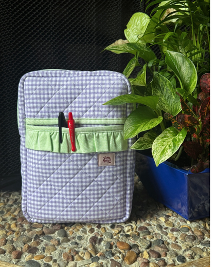 Lavender Gingham Dream Book Sleeve With Ruffled Pocket