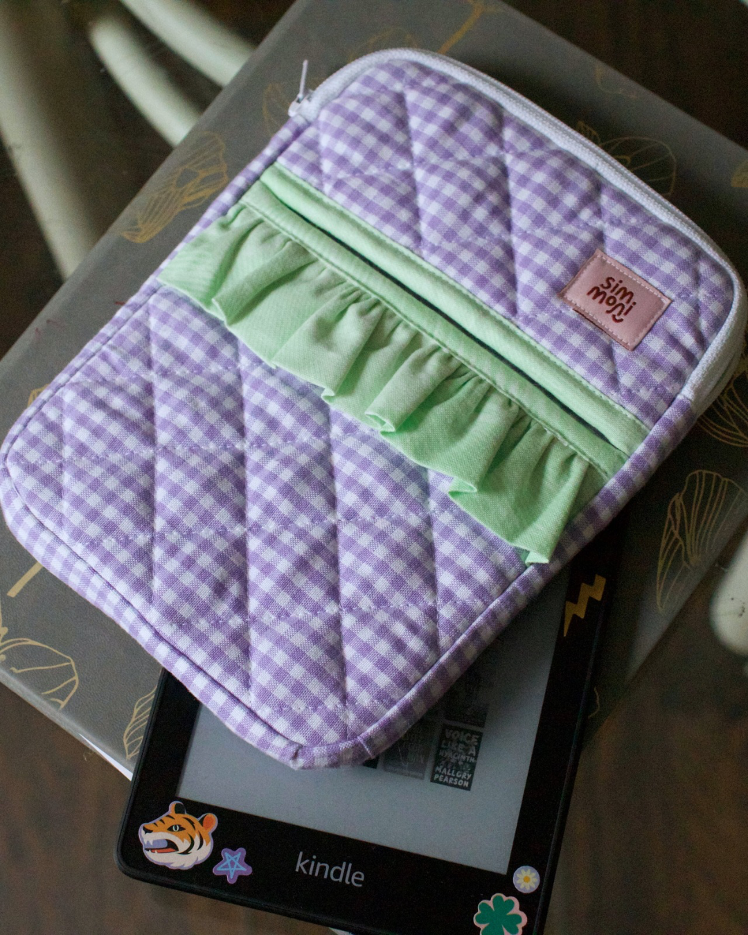 Lavender Gingham Dream eReader Sleeve With Ruffled Pocket