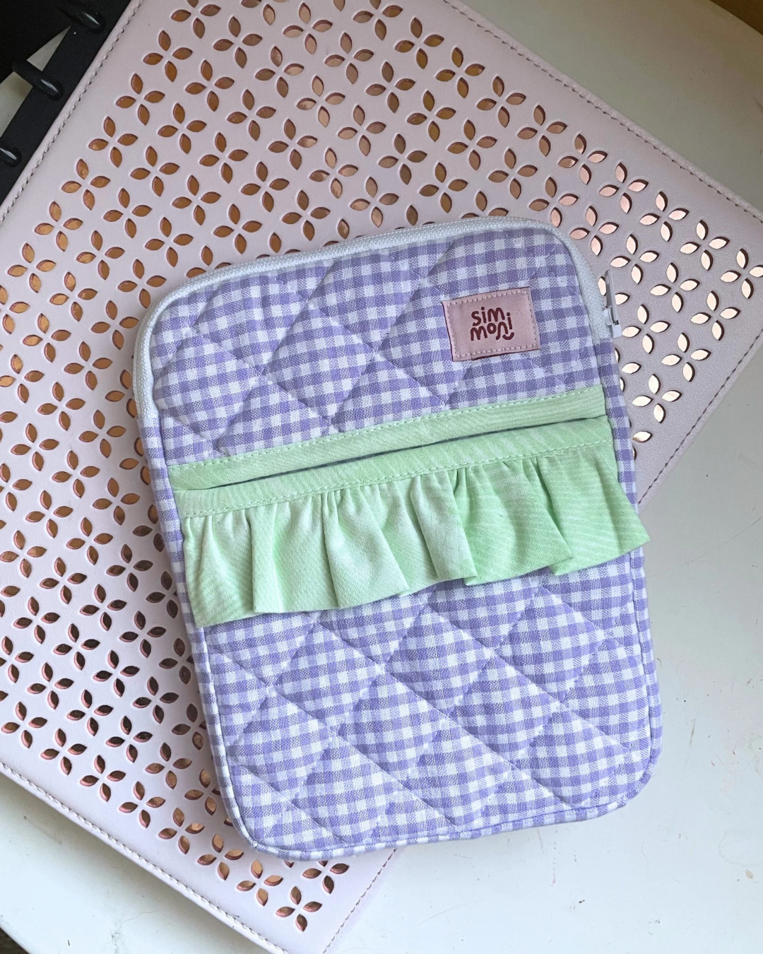 Lavender Gingham Dream eReader Sleeve With Ruffled Pocket