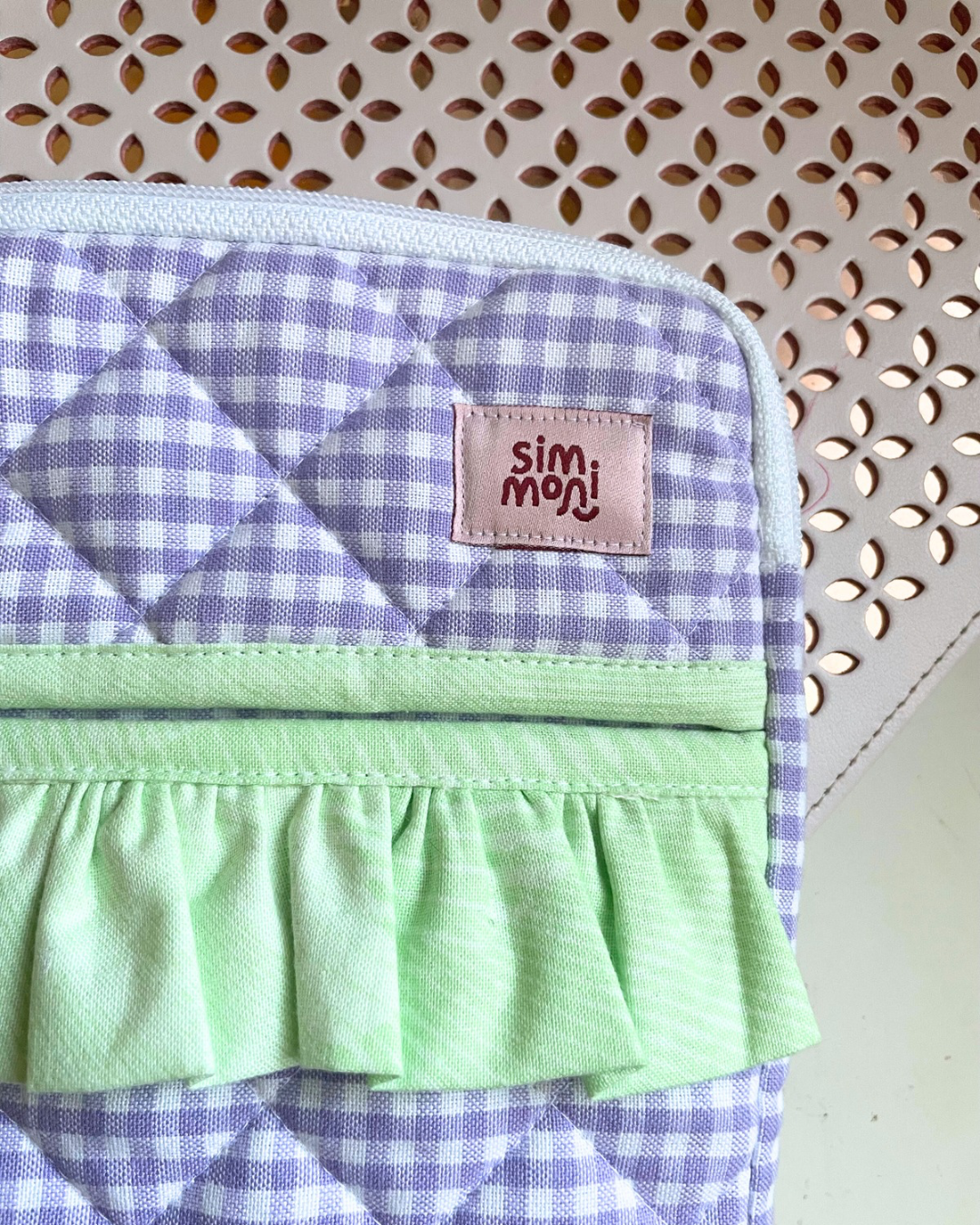 Lavender Gingham Dream eReader Sleeve With Ruffled Pocket