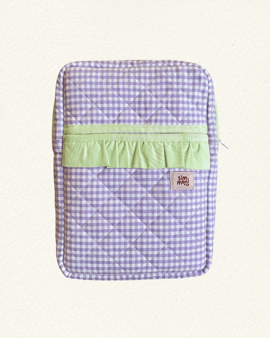 Lavender Gingham Dream Book Sleeve With Ruffled Pocket